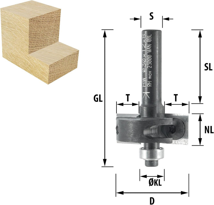 ENT 20310 Wendeplatten Falzfräser Schaft (S) 8 mm, Durchmesser (D) 30 mm, NL 12 mm, T 10 mm, GL 50 m