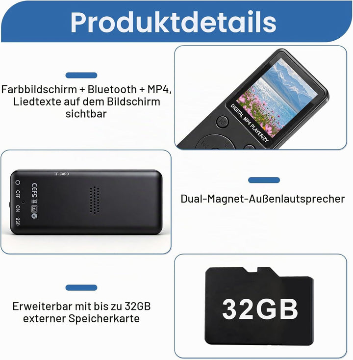 MP3 Player Bluetooth 5.0 32GB mit Lautsprecher, 70 Std Musikplayer Verlustfreier Sound, 1,8 Zoll TFT
