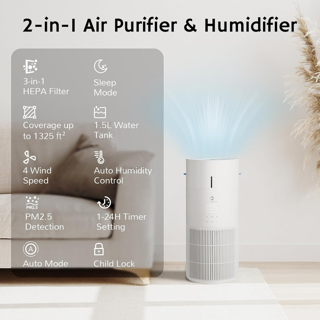 Airthereal 2-in-1 Luftreiniger mit Luftbefeuchter für bis zu 125 m², 3-Stufen-Filter, Luftqualitätsa