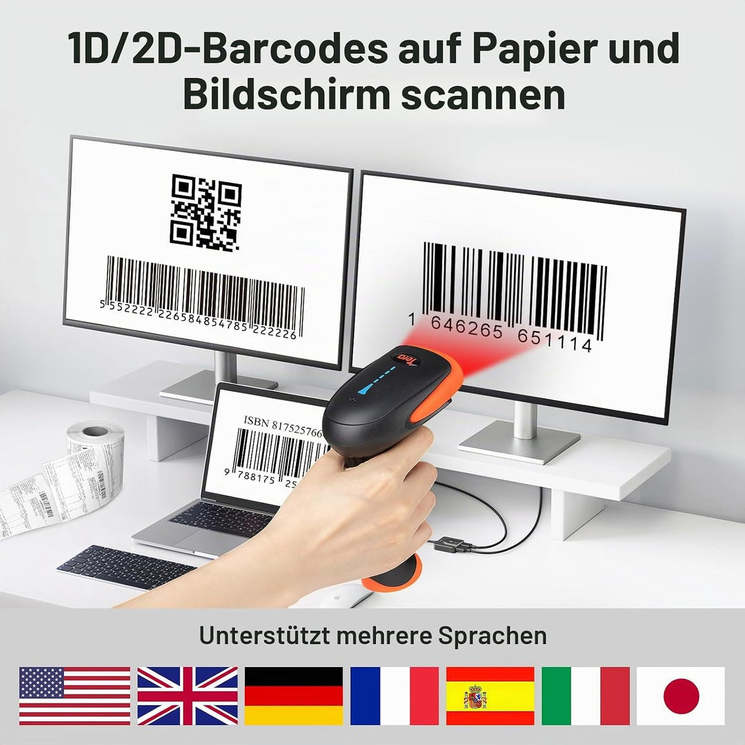 Tera Barcode Scanner 2D 1D 3 in 1 Barcodescanner Wireless 2.4 GHz/Bluetooth/USB Kabelgebunden Strich