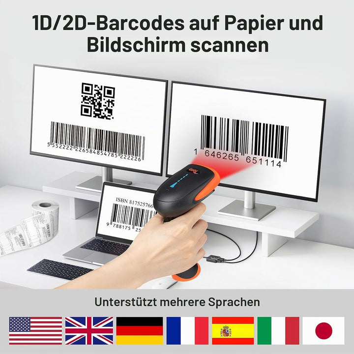 Tera Barcode Scanner 2D 1D 3 in 1 Barcodescanner Wireless 2.4 GHz/Bluetooth/USB Kabelgebunden Strich