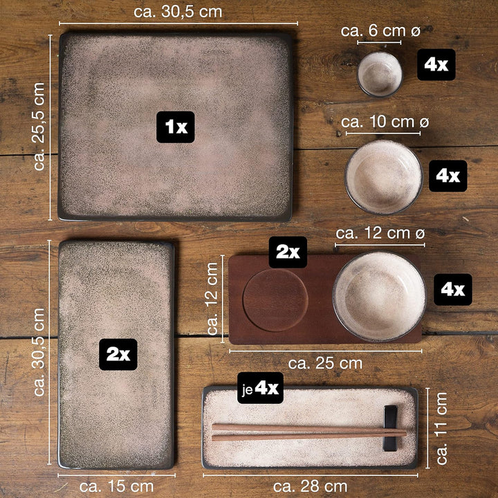 Moritz & Moritz Sushi Geschirr Set für 4 Personen - 29 Teile - Sushi Servierset mit 3X Sushi-Platte