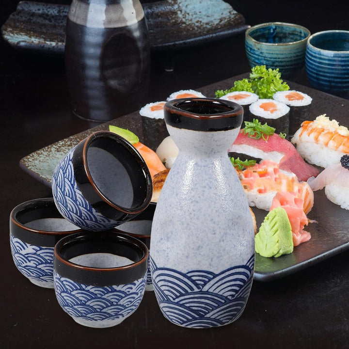 HEMOTON Keramik Sake Set Japanische Sake Flasche Und Vier Ochoko Tassen Glasiert Sea Ripple Sake für