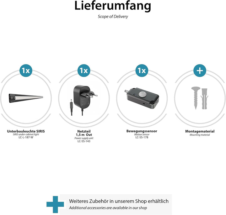 ledscom.de LED Unterbau-Leuchte SIRIS schwarz matt mit Netzteil und Bewegungsmelder, flach, 90cm, 10