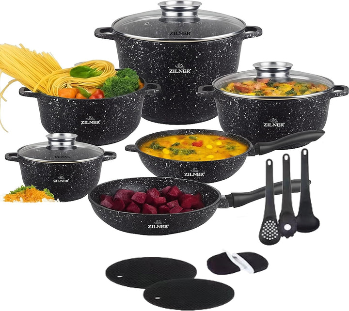 Töpfe und Pfannen Set - Topfset 17-teilig - Marmorbeschichtung und Keramikbeschichtung - mit Glasdec