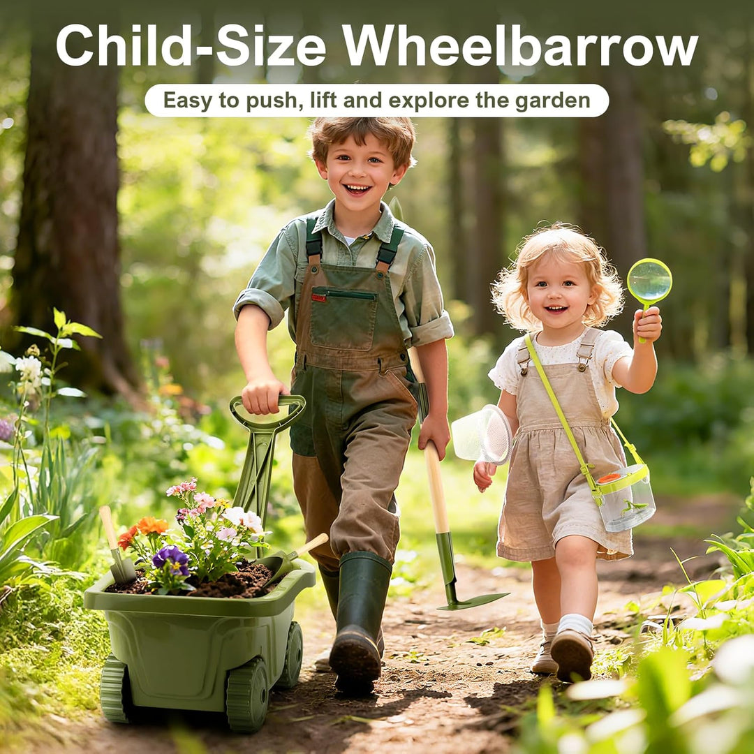 Dreamon Kinderschubkarre Garten Set mit Werkzeugen & Insekten-Entdecker Set – 17 PCS Entdecker- Schu