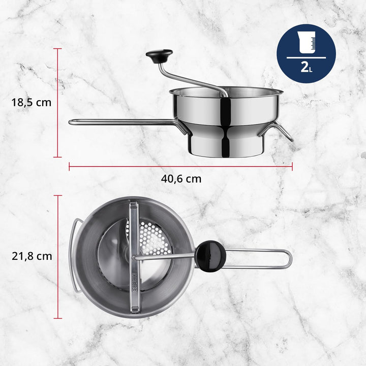MEISTERKOCH Passiermühle aus Edelstahl 22 cm Durchmesser, 2 Liter Volumen, mit 3 Lochscheiben spülma