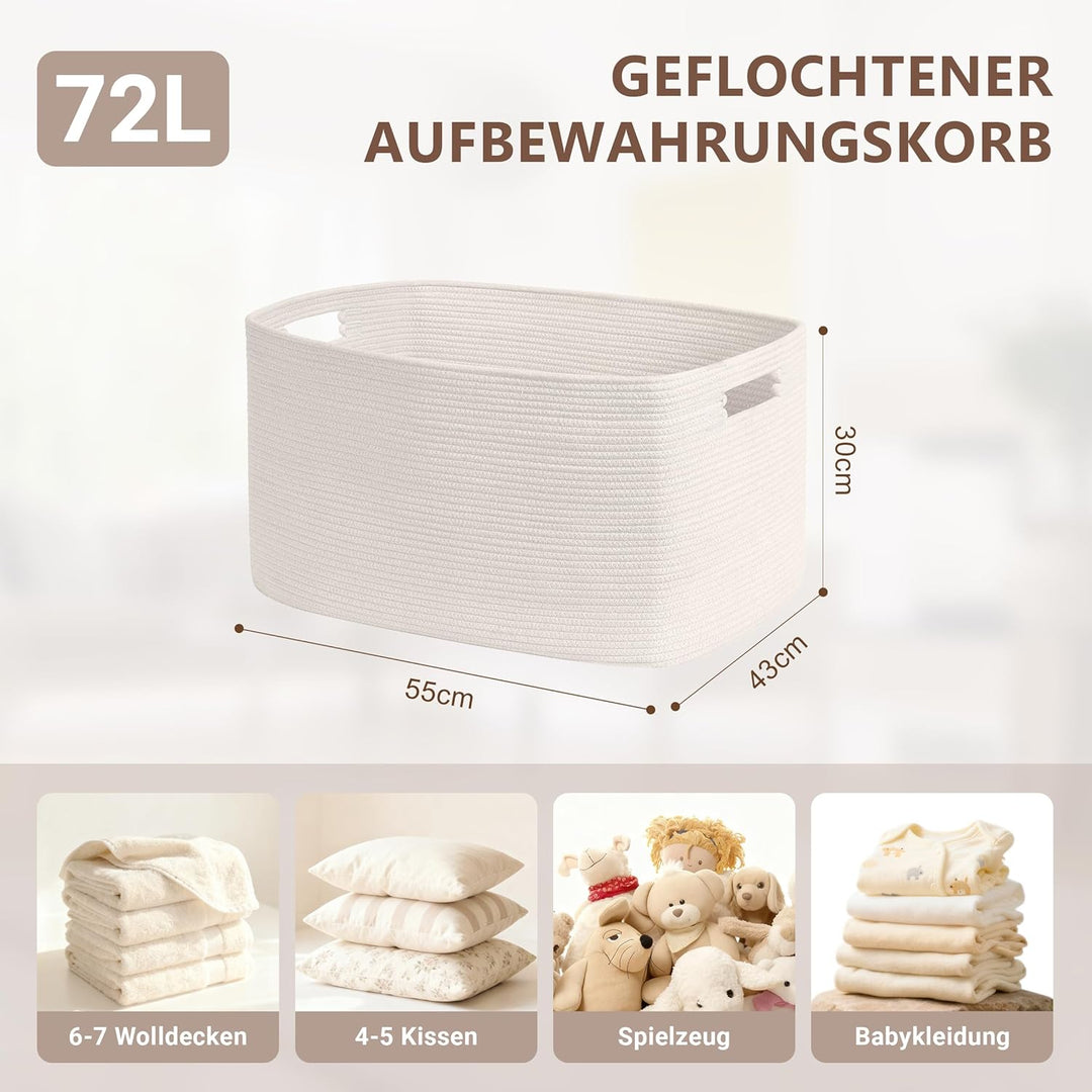Grosser 72L Aufbewahrungskorb aus Baumwollseil, Boho Korb für Spielzeug Decken, Wäschekorb Geflochte