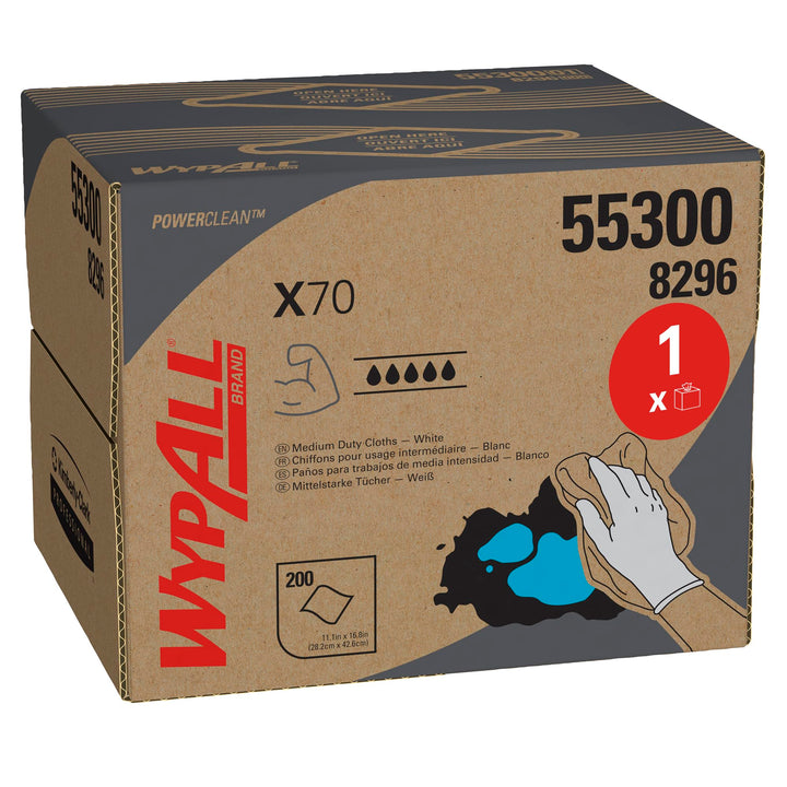 WypAll X70 Power Clean Reinigungstücher 8296 – wiederverwendbare Tücher – 1 BRAG-Box x 200 weisse sa