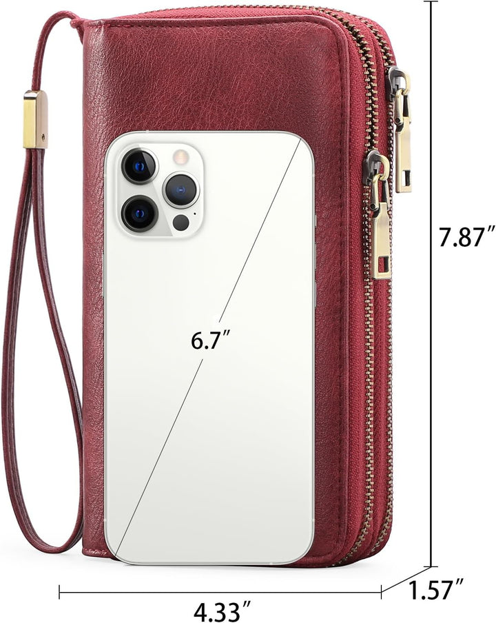 GAEKEAO Geldbörse Damen Gross, Portemonnaie Damen Veganes Leder Doppel Reissverschluss Kreditkartene