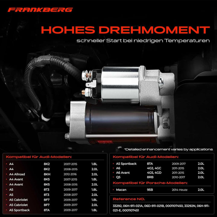 Frankberg Anlasser Starter 1,1KW Kompatibel mit A4 8K2 B8 1.8L 2.0L 2007-2015 A6 4G2 4GC 2.0L 2014-2