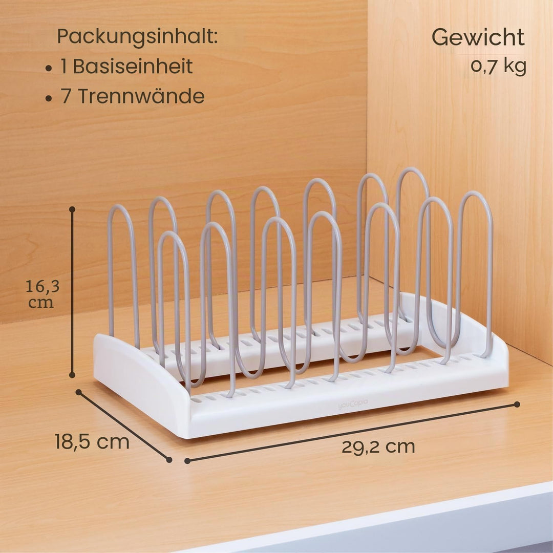 YouCopia Storemore Verstellbarer Pfannen- und Deckelständer, Standard, Weiss, Adjustable Adjustable