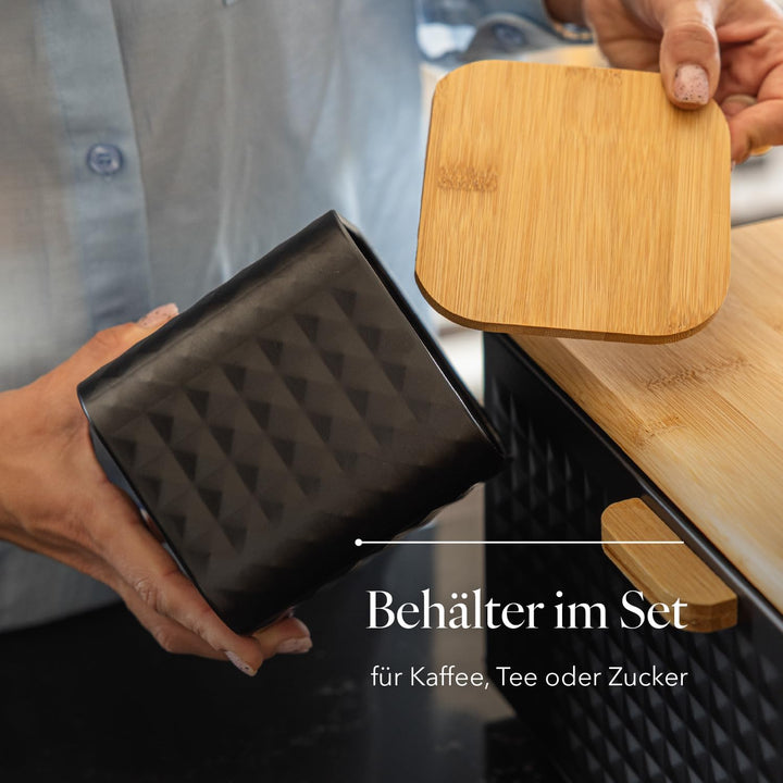 FLORINA Brotkasten inkl. 3-er-Set Aufbewahrungsdosen CUBE I Brotbox aus Stahl und Bambus-Deckel I Ge