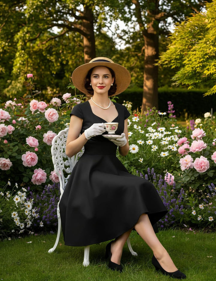 Bbonlinedress 1950er Vintage Retro Cocktailkleid Rockabilly V-Ausschnitt Faltenrock Abendkleid Party