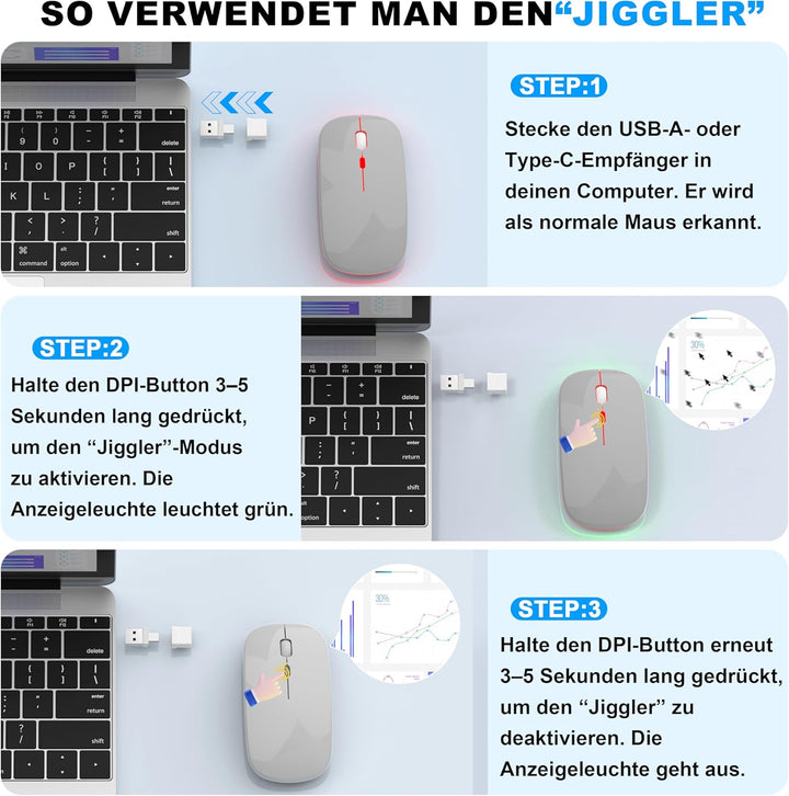 Kabellose Maus mit Jiggler-Modus – Bluetooth 5.2 & 2.4G Funk, für Laptop, PC, iOS, Android, iPad & W