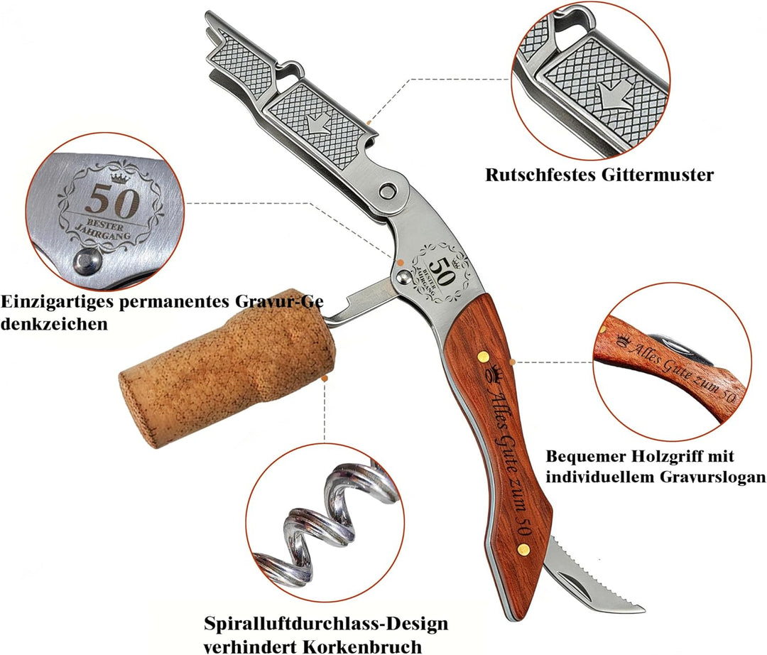 Geschenke zum 50. Geburtstag für Männer,Kellnermesser -Flaschenöffner aus Olivenholz & Edelstahl. 50