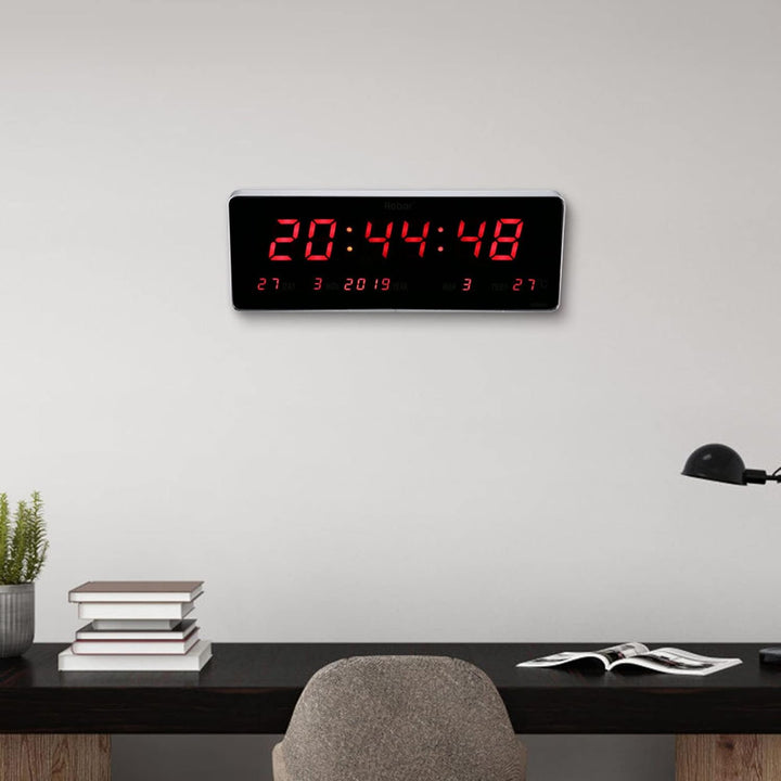 LED Digitaluhr, Aluminiumlegierung Rahmen Netzbetriebene Kalender Uhr Temperatur Wanduhren Grosse Ro