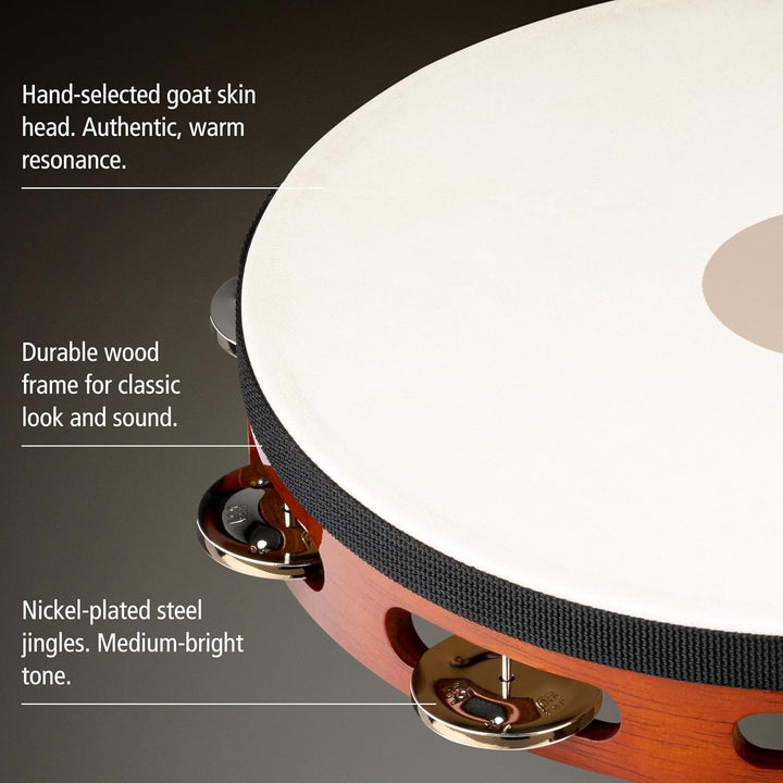 Meinl Percussion TAH1AB Headed Wood Tambourine mit Stahlschellen (1-reihig), 25,40 cm (10 Zoll) Durc