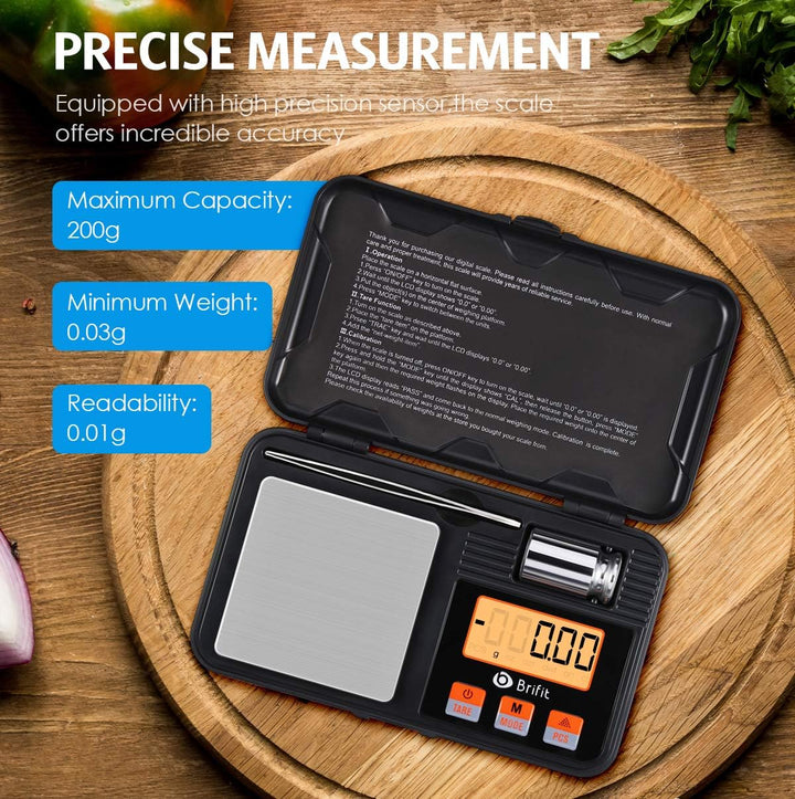 Brifit Feinwaage 0.01g, 200g /0,01g Digitalwaage, Taschenwaage, Goldwaage, Präzisionswaagen mit Tara