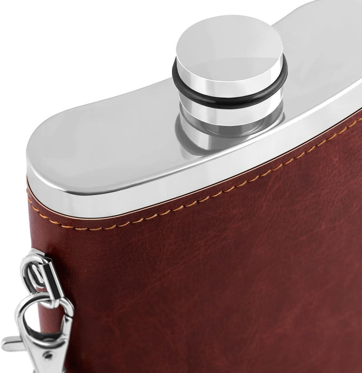 Maverton Flachmann mit Lederetui - 250 ml - 3x10 ml Becher - aus Edelstahl - Ledertasche mit Riemen