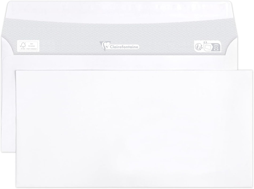 Clairefontaine 5945C - Karton mit 500 Umschlägen weiss DL- 110x220mm, selbstklebend, 80g 80g DL (110