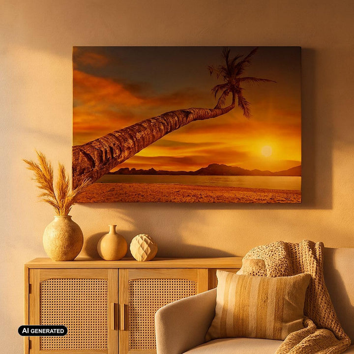 ARTTOR Bilder auf Leinwand Palme Landschaft Sonne Leinwandbild 70x50cm Wandbilder Dekoration Wohnzim