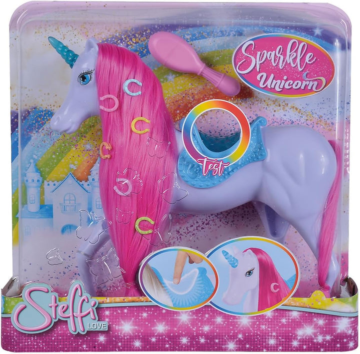 Simba Steffi Love Sparkle Unicorn, Einhorn mit leuchtendem Horn und Sattel, mit Haarclips und Bürste