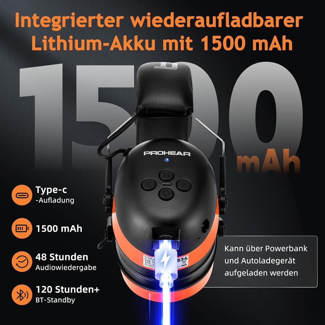 037 Gehörschutz mit Bluetooth, BT 5.3-Technologie Kopfhörer mit Eingebautem Mikrofon und Lärmreduzie