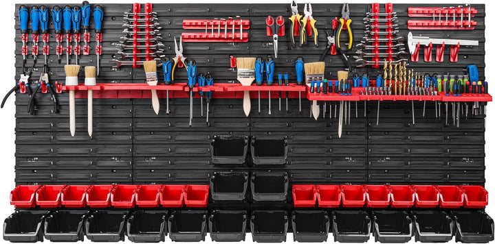 Lagersystem Werkstattregal | 156 x 78 cm | 32 stck. Box | Wandregal mit Werkzeughalterungen und Stap