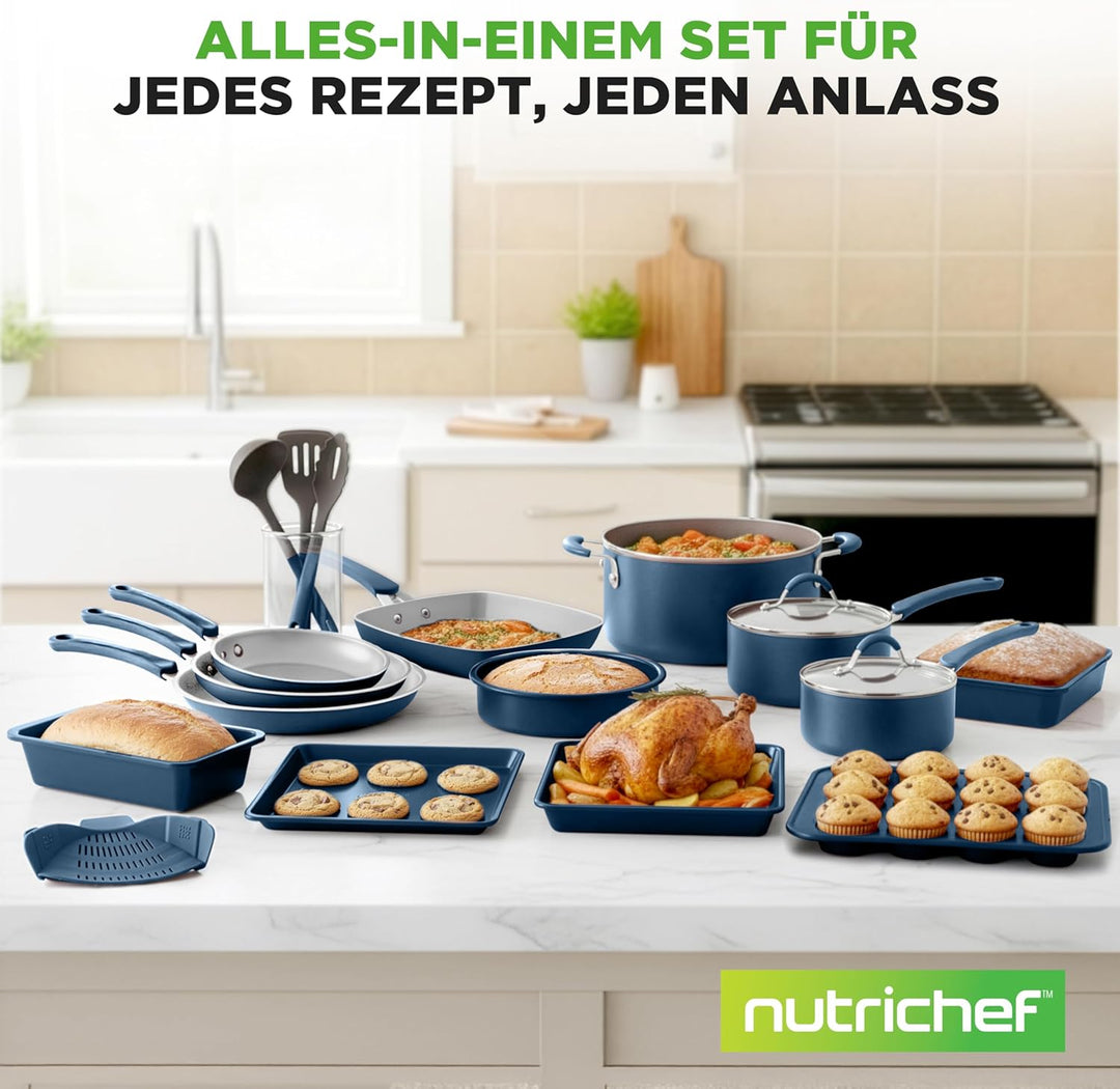 NutriChef Topf- und Pfannenset Induktion 20-teilig Marineblau – Antihaft-Kochgeschirr mit Deckeln un