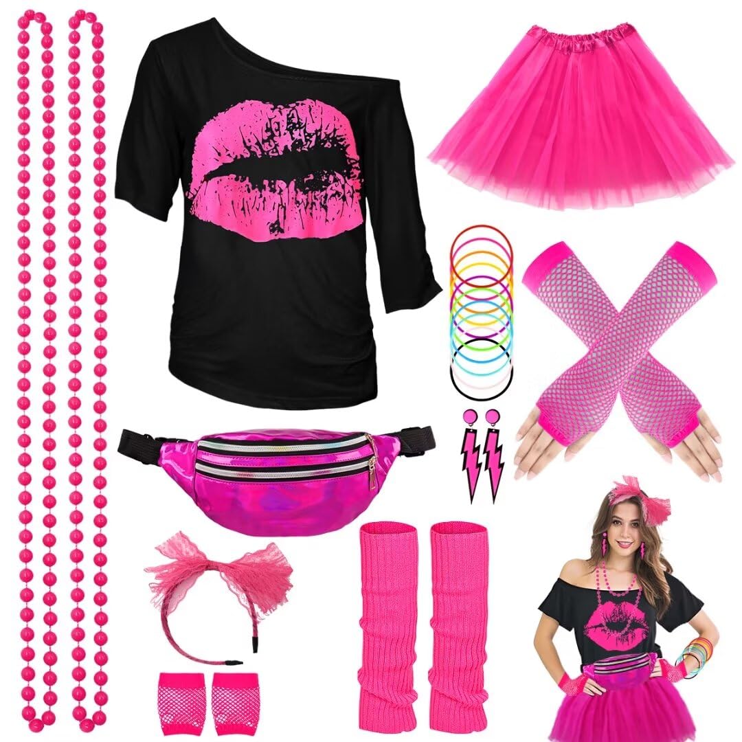 WILDPARTY 80er Jahre Outfit Damen Set, T-Shirt, Tutu, Gürteltasche, Stirnband, Ohrring, Halskette, N