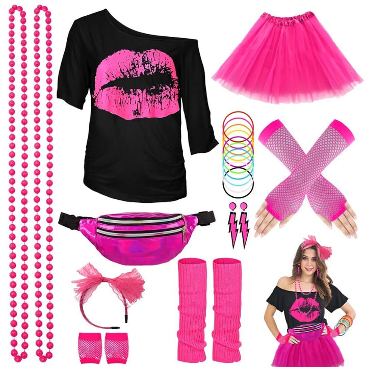 WILDPARTY 80er Jahre Outfit Damen Set, T-Shirt, Tutu, Gürteltasche, Stirnband, Ohrring, Halskette, N