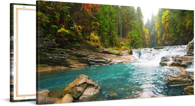 PICANOVA – Leinwandbild Waldfluss Wasserfall 100x50cm – Premium Leinwanddruck – Wandbild Kunstdruck