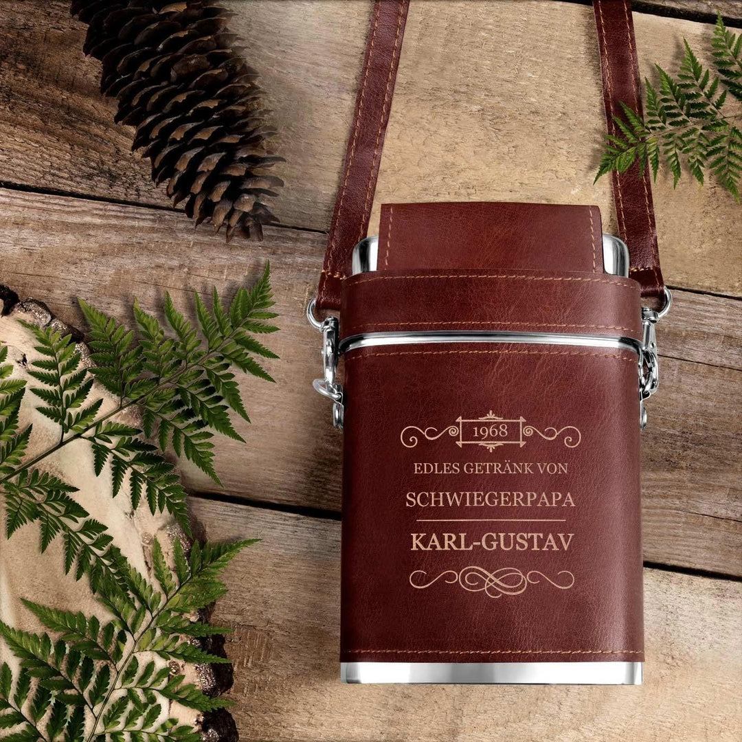 Maverton Flachmann mit Gravur - personalisiert - 250 ml - 3x10 ml Becher - aus Edelstahl - Weihnacht