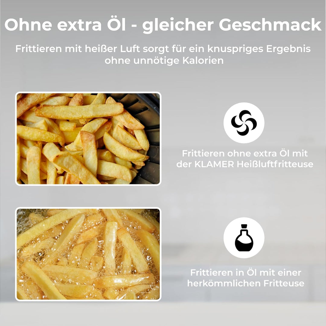 KLAMER Heissluftfritteuse Duo 9 L – Doppelkammer Airfryer mit 2 Körben & Digitaldisplay, 10 Automati