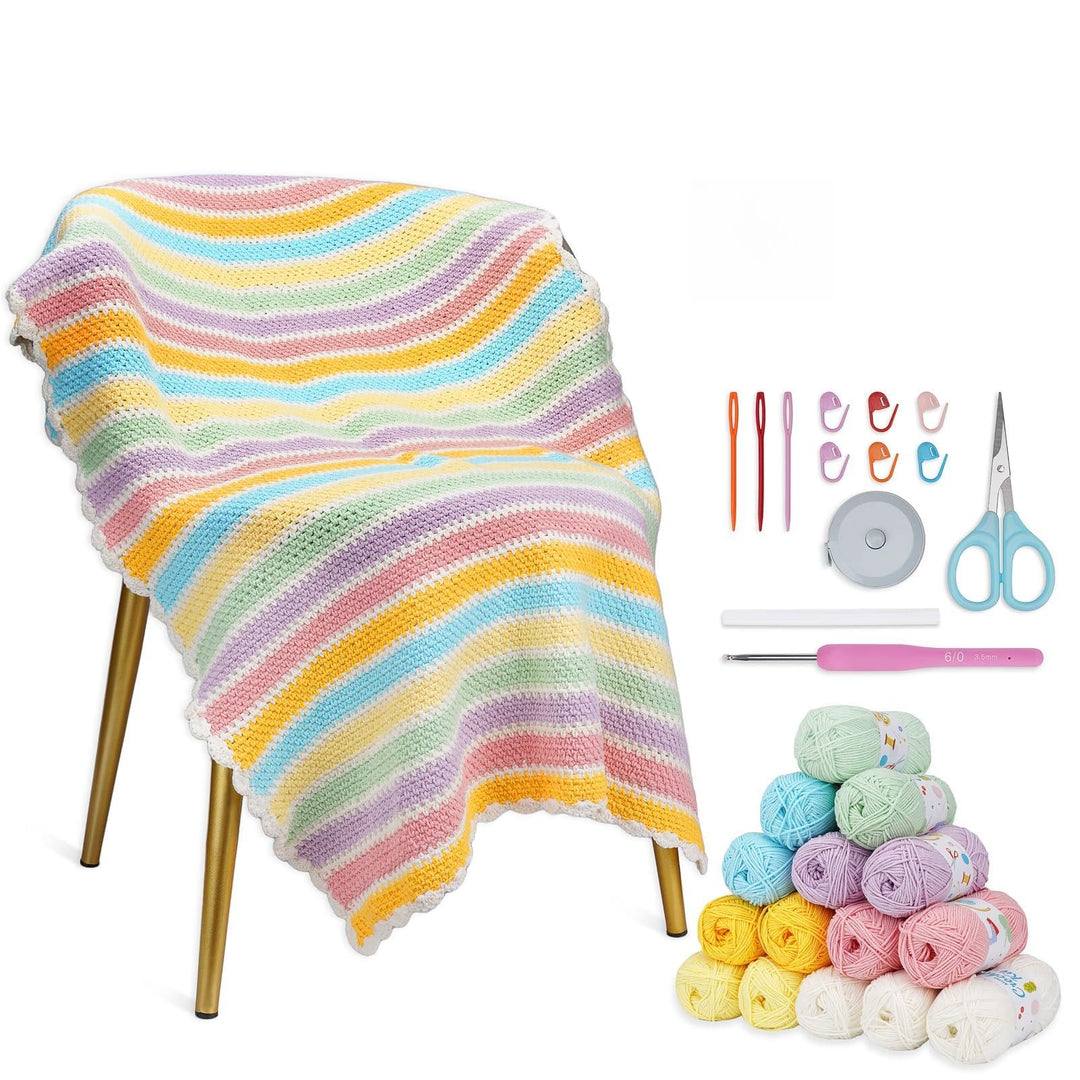 Alvian Häkelset für Anfänger, Regenbogen-Decke, Häkeln, DIY-Strick-Starter-Set, enthält Garn, Metall