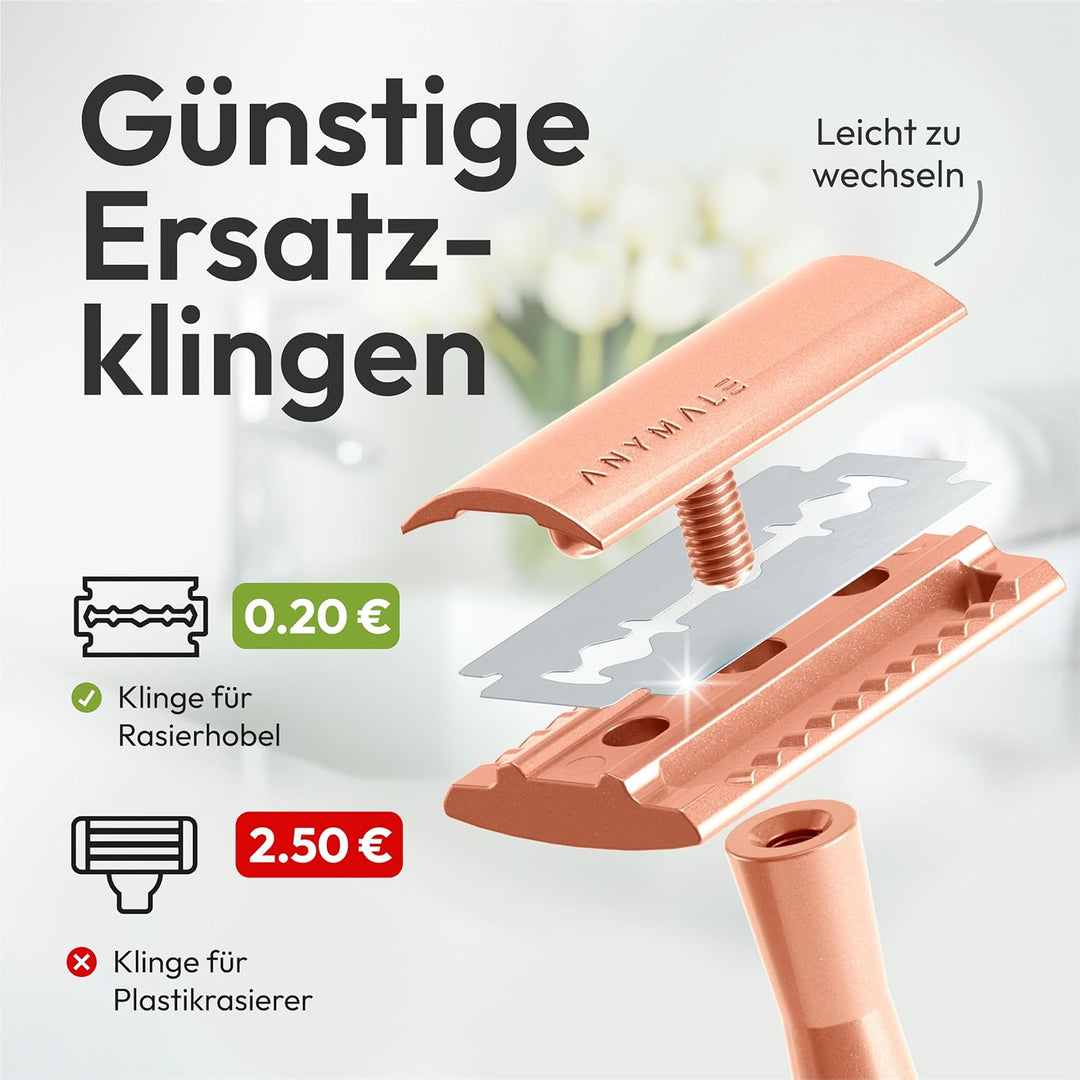 ANYMALE® Rasierhobel Rosegold Edition - inklusive 5 ASTRA Klingen - Plastikfreier Damen Rasierer aus