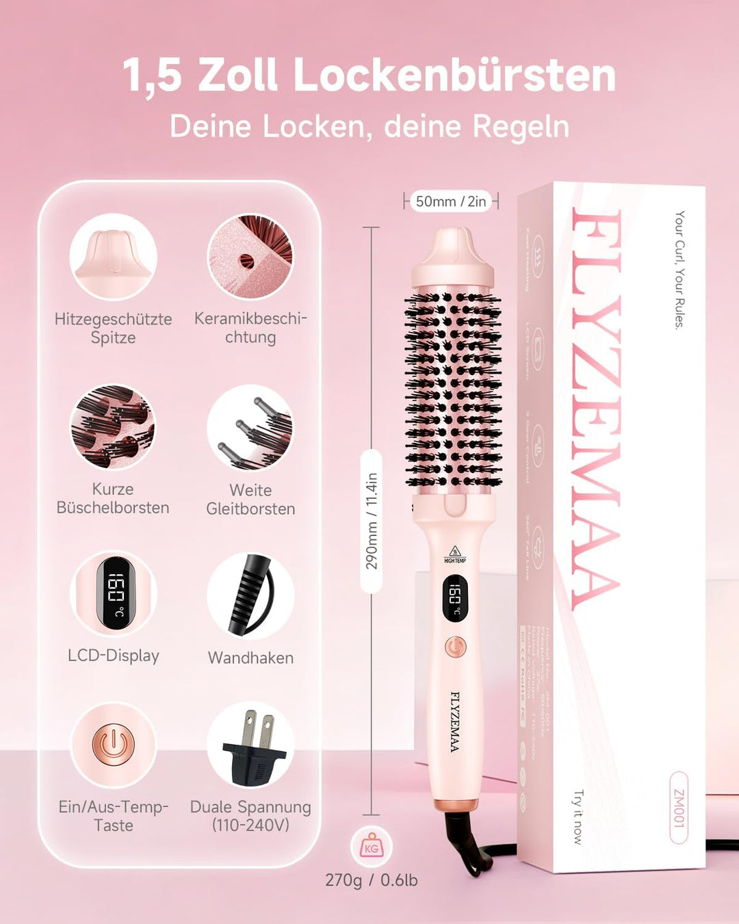 Thermobürste FLYZEMAA, Thermal Brush 38mm - Runder Heizkamm für natürliche Locken und glatteres Haar