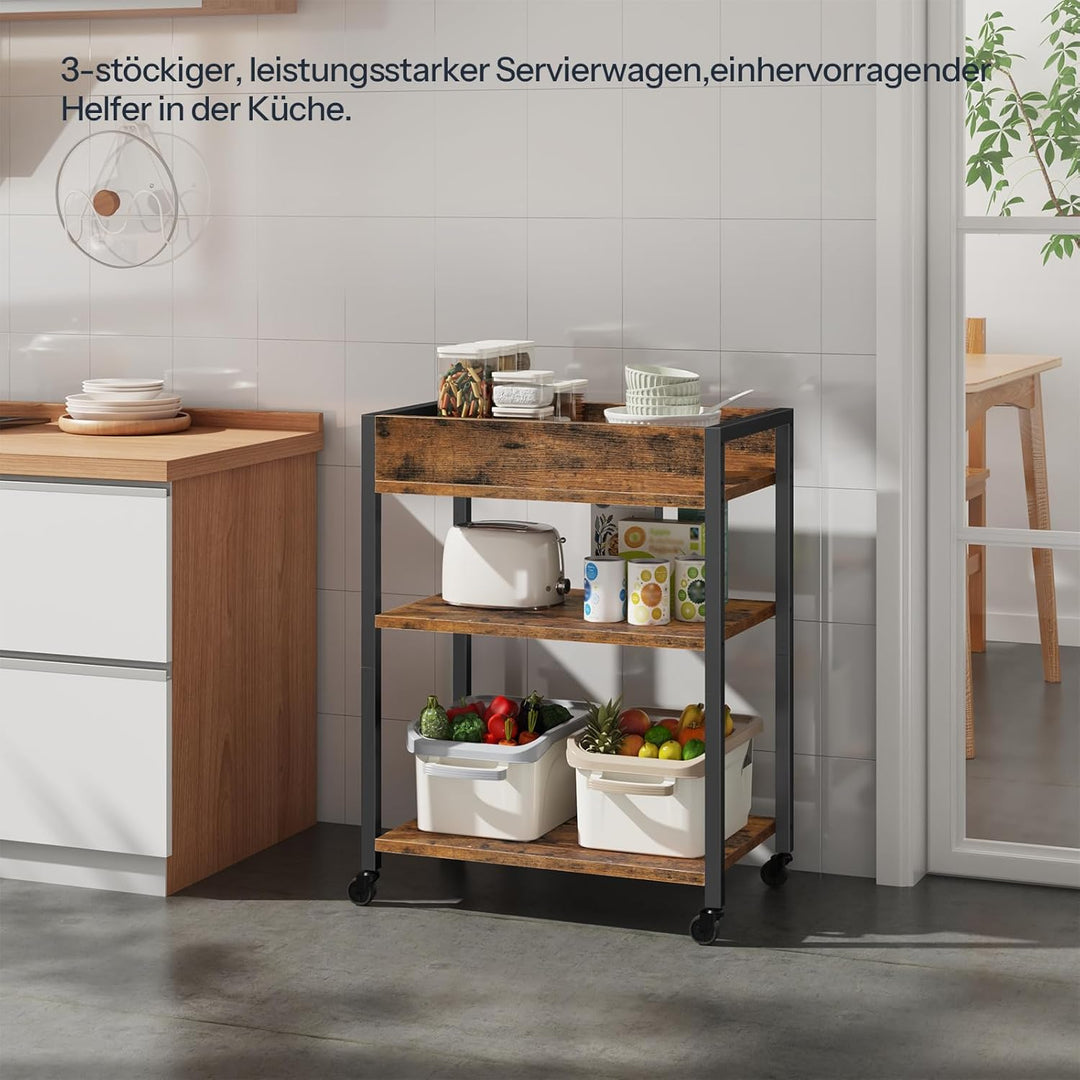 HOOBRO 3-stöckiger Servierwagen, Rollwagen mit Schutzkanten, Küchenwagen, Küchenregal, Barwagen, 64