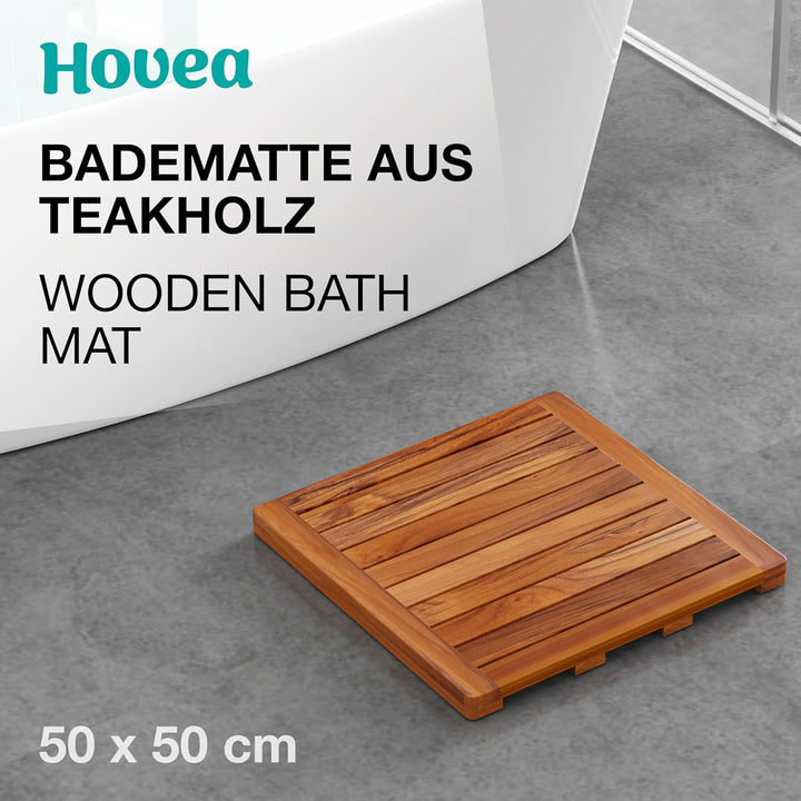 Badematte aus Teakholz 50 x 50 cm - Duschmatte Holz - Euchtigkeitsbeständig, Schimmelresistent und r