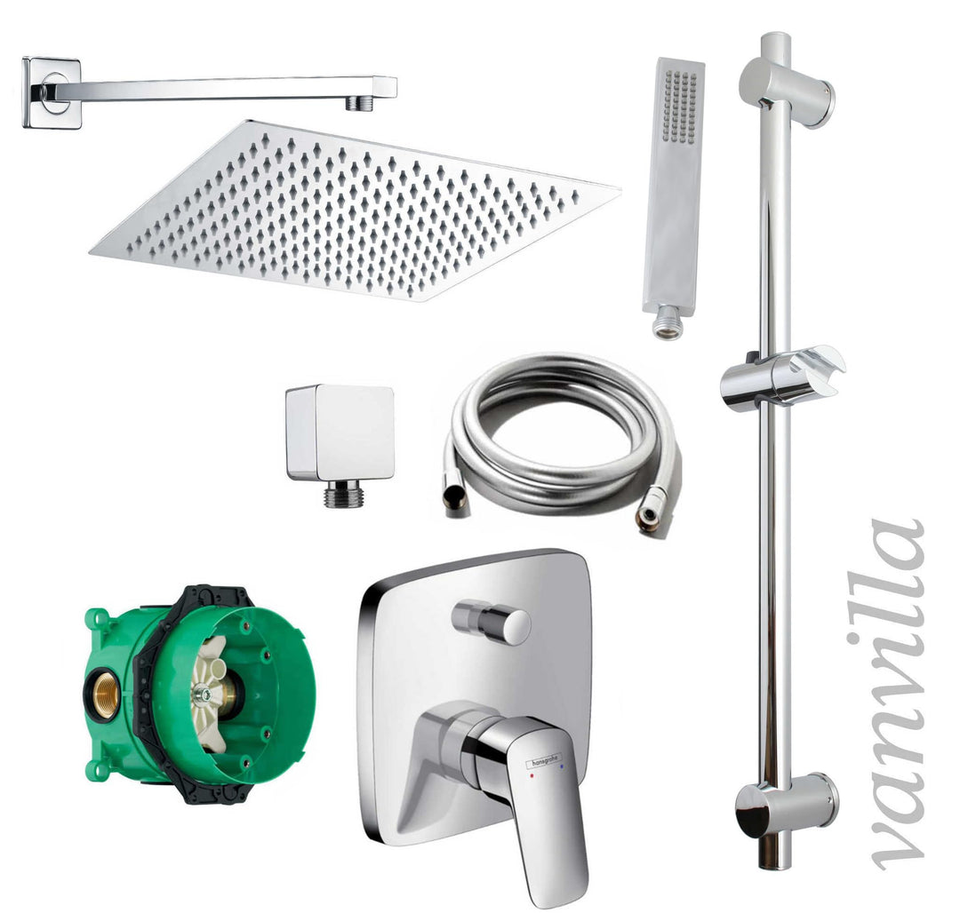 vanvilla Duschsystem mit Unterputz Duscharmatur von Hansgrohe Logis und vanvilla Regendusche mit Arm
