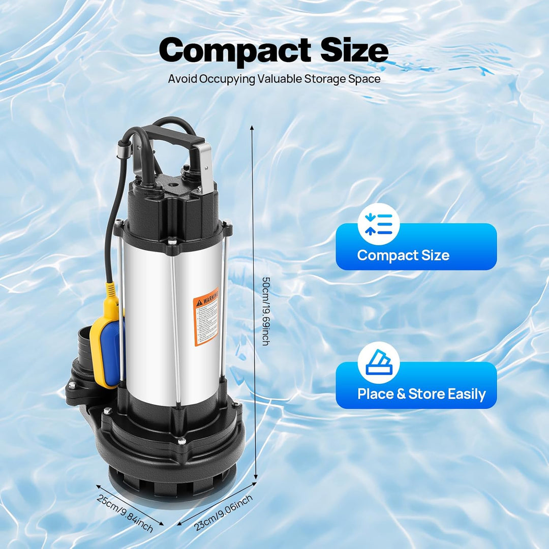 1500W 36000 L/H Edelstahl Schmutzwasserpumpe Schumutzwasser Fäkalienpumpe Schwimmerschalter, Wassere