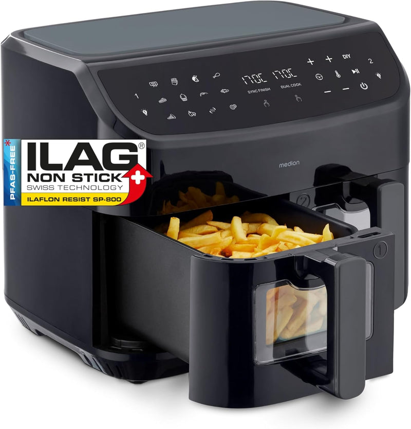 MEDION P20 XXL Heissluftfritteuse mit 2 Kammern (8,7 Liter, 2.600 Watt, Doppelkammer, 9 Automatikpro