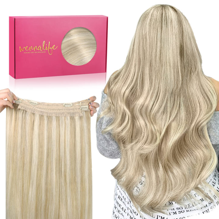 WENNALIFE Secret Hair Extensions Echthaar, 40cm 16 Inch 95g Aschblond Highlights Platinblond Haarver