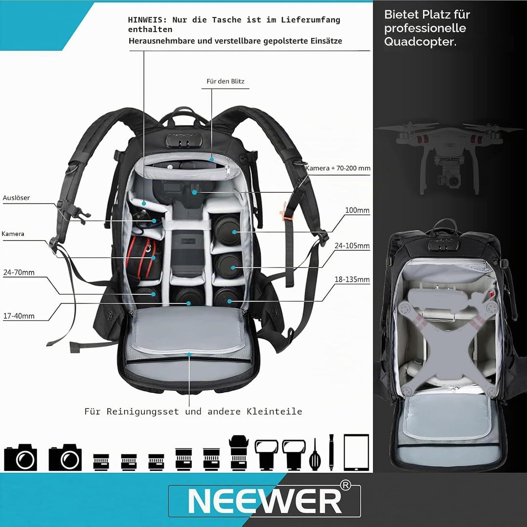 Neewer Pro wasserdicht stossfest Verstellbarer gepolsterter Kamera Rucksack Tasche mit Diebstahlschu