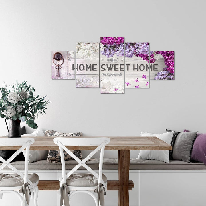 Runa Art Wandbilder Home Sweet Home 5 Teilig Bild auf Vlies Leinwand Deko Wohnzimmer Flieder Violett