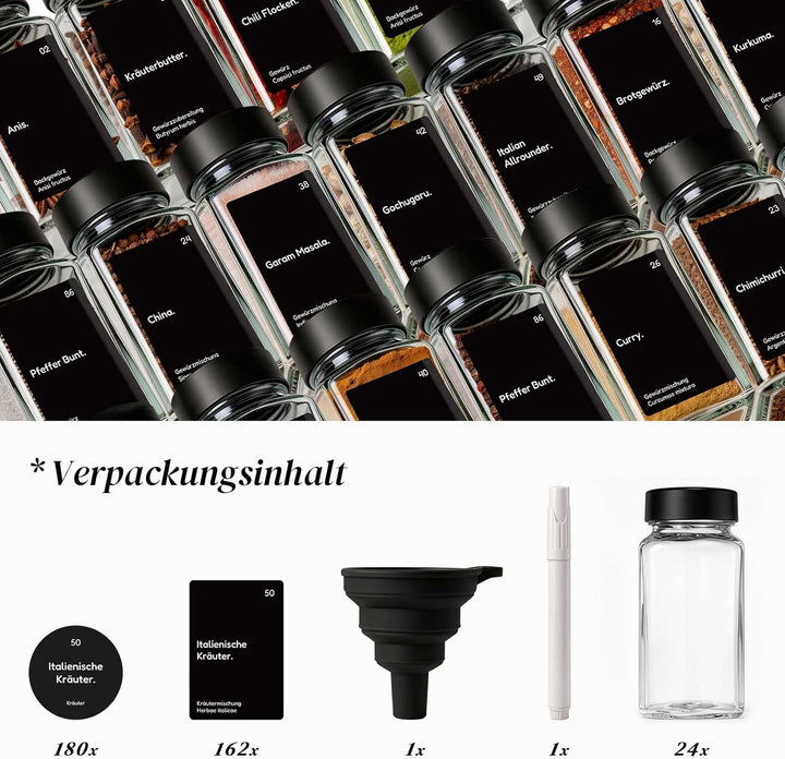 24er Set Gewürzgläser mit Streueinsatz - 120ml Eckig Gewürzdosen Glas mit Deckel Schwarz - Inkl. 342