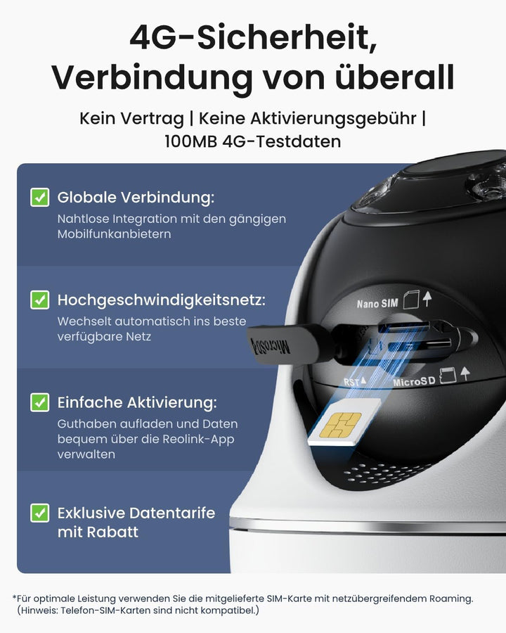 Reolink 3G/4G LTE Überwachungskamera mit SIM-Kartenslot+32GB microSD Karte, 2K 4MP QHD, 355°/140° PT