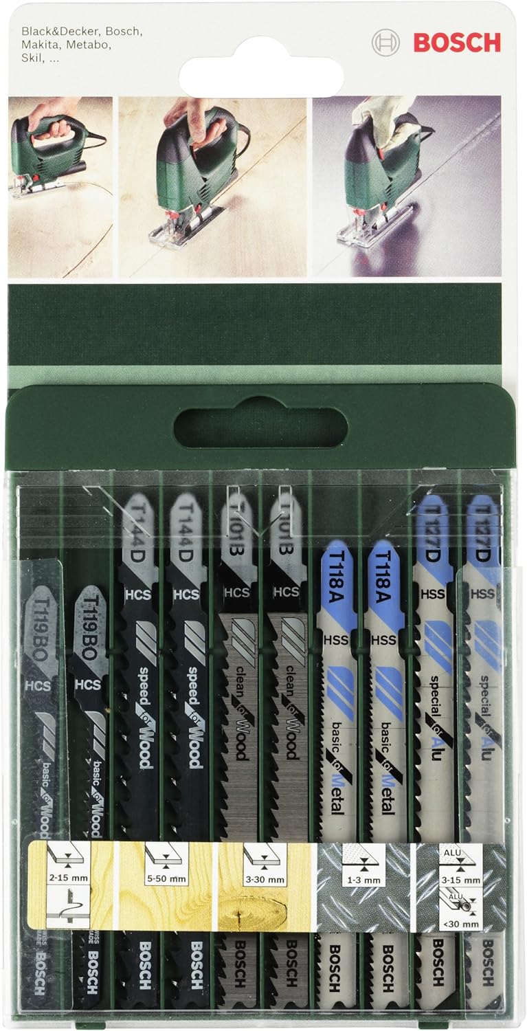 Bosch Stichsäge PST 650 (Schnitttiefe in Stahl/Holz 4mm/65mm, im Koffer) + 10tlg. Stichsägeblatt Set