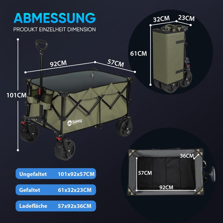 Sekey XXL Plus Bollerwagen Faltbar mit Bremsen 200L 200KG Belastbar, Extra Breite Reifen All Terrain